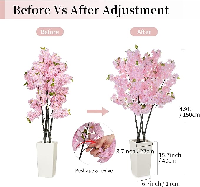 BLOSMON Cherry Blossom Tree for Porch: 5ft Pink Fake Flowers Artificial Tree with Tall Planter for Outdoor Decorations - Faux Sakura Plants for Indoor Home Living Room
