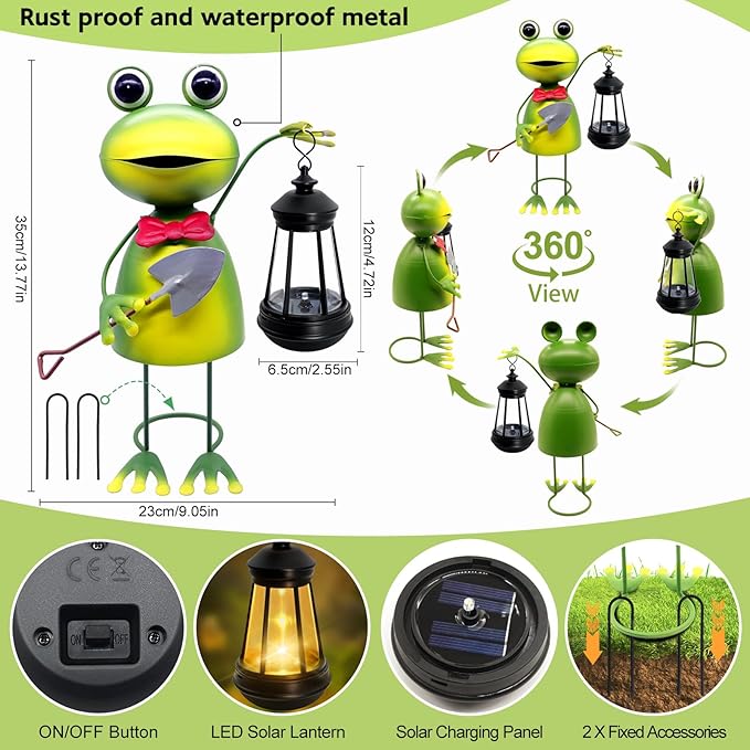 Solar Garden Lights Frog Statue with Solar Lantern,13.78in Tall Frog Decor Fairy Accessories,Mothers Day Birthday Gifts for Women Mom Grandma,Big Metal Decorative Stakes for Home Decor,Patio,Yard Art