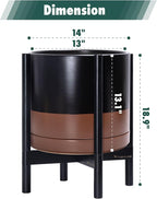 D'vine Dev Ceramic Planter with Ebony Stand - 14 Inch Modern Round Flower Pot with Wood Planter Holder, Black/Speckled Tan, 55-B-S-7