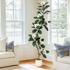 6ft Artificial Rubber Tree with 7 Pcs Magnolia Flowers,Tall Fake Tree with White Planter and Moss Decor,Faux Plants Indoor for Home Living Room Porch Decor