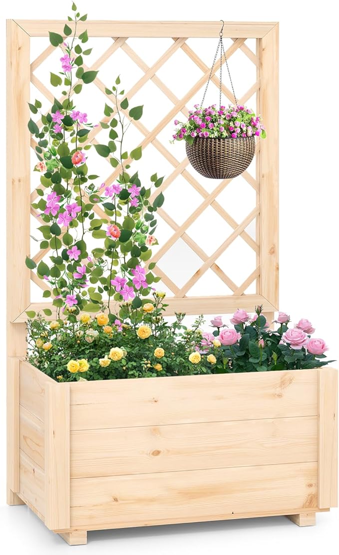 Giantex Raised Garden Bed with Trellis, Wooden Elevated Planter Box for Climbing Plants, Outdoor Garden Planter for Vegetables Flowers Herbs, Patio Balcony Planting Box, 23 x 14 x 40 Inch
