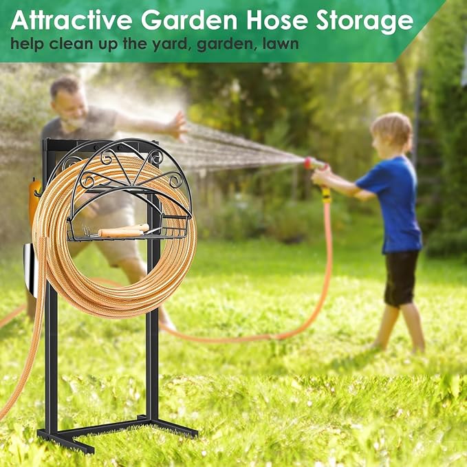 TomCare Garden Hose Holder Upgraded Water Hose Holder Heavy Duty 4 Spikes Hose Hanger Holds 160 Feet Hoses Stable Freestanding Hose Storage Organizer for Outside Yard