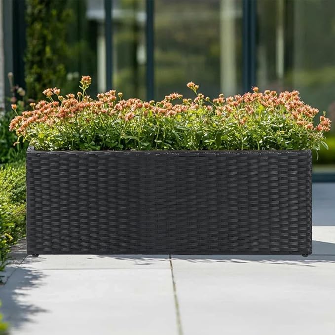 SUNNYPARK Black Rectangular Planter Box All-Weather PE Rattan Large Modern Planters with Removable Liner Indoor Outdoor Decorative Flower Pot for Patio, Balcony, Garden