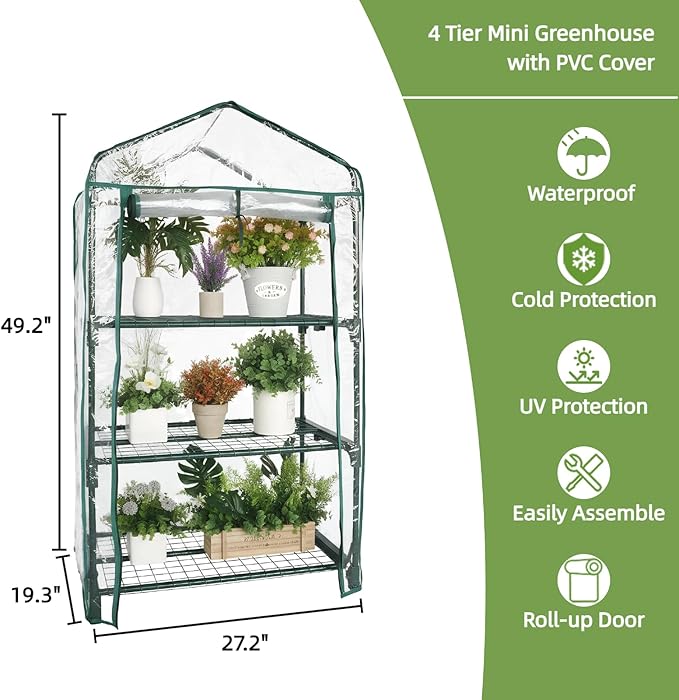 Mini Greenhouse for Indoor Outdoor, Small Plants Green House with 3 Tier Shelves, Portable Plastic Greenhouses with Transparent PVC Cover for Garden Backyard Patio Balcony Porch
