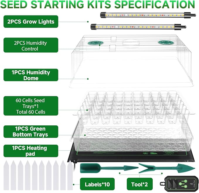 Adawook Large Seed Starter Tray with Grow Light and Thermostat Controller Heat Mat, 10"x 20.75" Heat Mats for Plant Growing，68-113°F Adjustable，Color Change Grow Lights，Germination Trays Kits