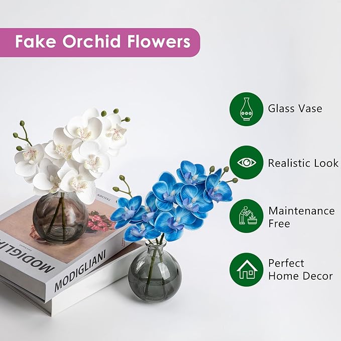 Oairse Blue and White Orchids Artificial Flowers Faux Orchid Arrangement with Black Glass Vase Set of 2 Real Touch Phalaenopsis Orchid Flowers Orchids Centerpiece for Dining Room Table
