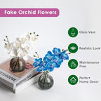 Oairse Blue and White Orchids Artificial Flowers Faux Orchid Arrangement with Black Glass Vase Set of 2 Real Touch Phalaenopsis Orchid Flowers Orchids Centerpiece for Dining Room Table