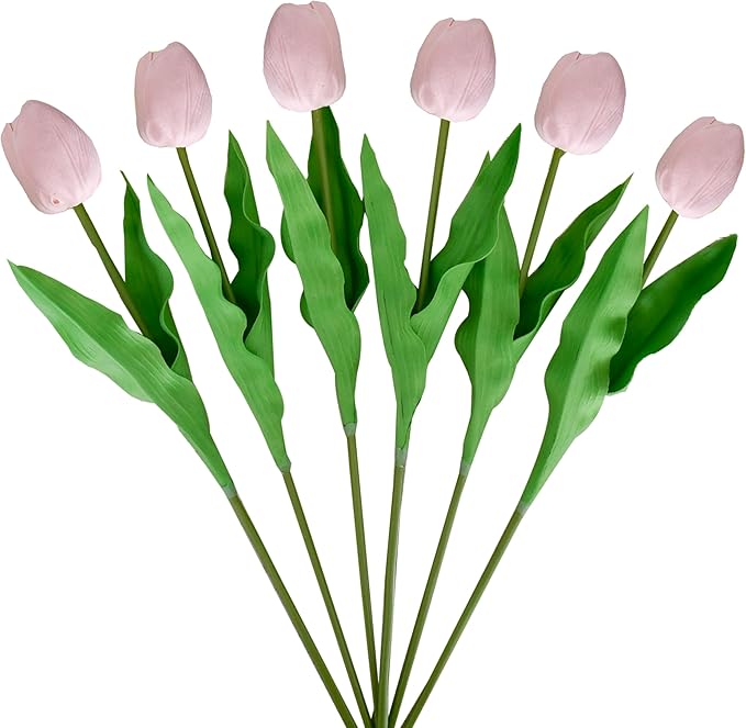 Mandy's Light Pink Artificial Tulips Flowers Centerpiece, 17.7" Lifelike PU Fake Floral Stems 6pcs for Kitchen Island & Dining Table, Spring Decor for Easter
