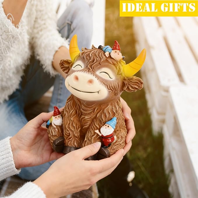 Solar Highland Cow Garden Statue with Funny Gnomes Outdoor Decor,Cow Figurine with LED Lights Yard Art Decoration for Garden,Patio,Lawn-Unique Gift for Mom,Grandma