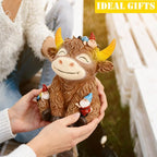 Solar Highland Cow Garden Statue with Funny Gnomes Outdoor Decor,Cow Figurine with LED Lights Yard Art Decoration for Garden,Patio,Lawn-Unique Gift for Mom,Grandma