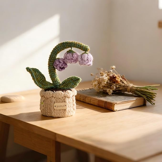 Handmade Crochet Potted Plant – Purple Lantern Flower Bonsai, Realistic Linen Cotton Craft, Desktop Fake Succulent Cactus Gift for Home Office Decor, 2.4"x2.4"x5.9"