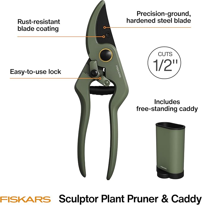 Fiskars Sculptor Plant Pruner, Precision Bypass Shears for Indoor Gardening & Bonsai, Low-Friction Steel Blades for Clean Cuts on Stems, Ergonomic Handle with Easy Lock, 1/2 Inch Capacity
