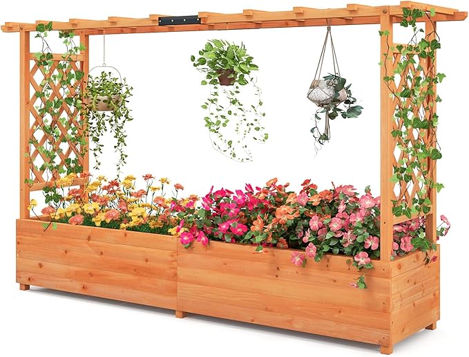 MAT EXPERT Raised Garden Bed with Trellis & Hanging Roof, Lattice Panel with Drainage Hole for Flower, Climbing Plant, Herb, Planter Box for Garden, Patio, Yard (1, 77" x 17" x 45" (L x W x H))