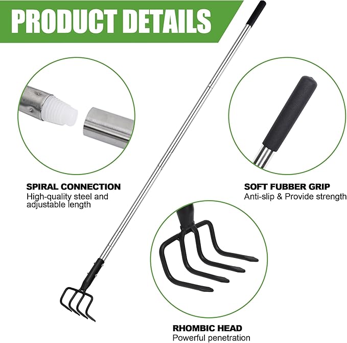BARAYSTUS Long Hand Cultivator, Carbon Steel & Stainless Steel Tiller Cultivator, Garden Cultivator with Telescopic Handle and Soft Handle Cover, Hand Tiller for Digging Loosening Weeding