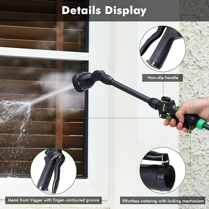 RESTMO Metal Watering Wand, Heavy Duty Garden Hose Wand with 180° Swivel Head, 16'' Hose Nozzle Sprayer with 7 Spray Patterns and Flow Control, for Water Hanging Baskets and Shrubs, Flash Black