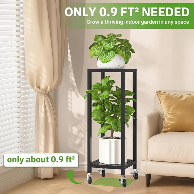 KMOTASUO 2 Tier Black Tall Plant Stand with Wheel for Indoor Outdoor, Heavy Duty Metal Multiple Large Planter Rack for Narrow Corner, Sturdy Iron Vertical Flower Holder for Modern House Patio Bathroom