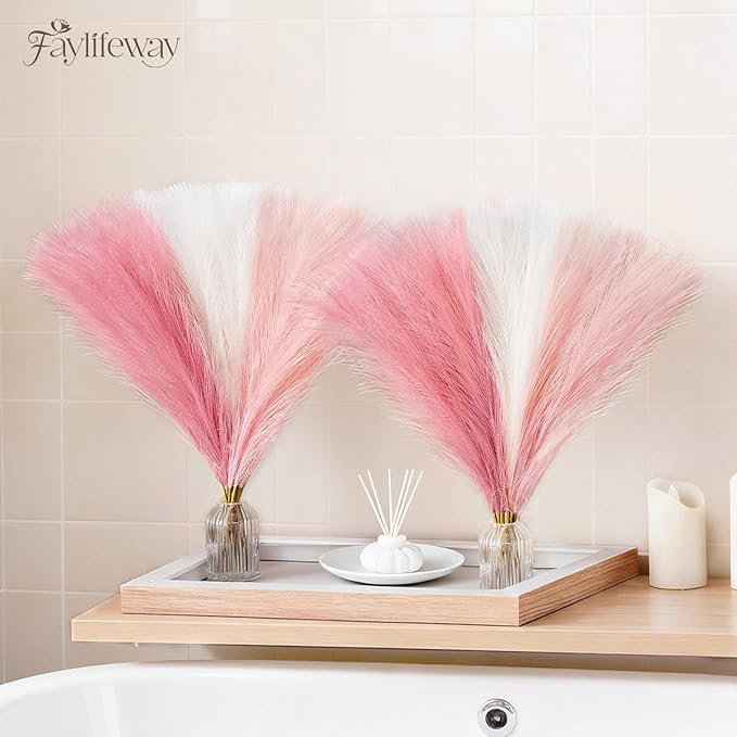 50pcs Pampas Grass 17in for Living Room Decor, Blush Pink Pampas Grass Decor, Fluffy Pink Flowers for Home Birthday Bathroom Baby Shower Wall Bow Decor(Blush & Cream & Pink)