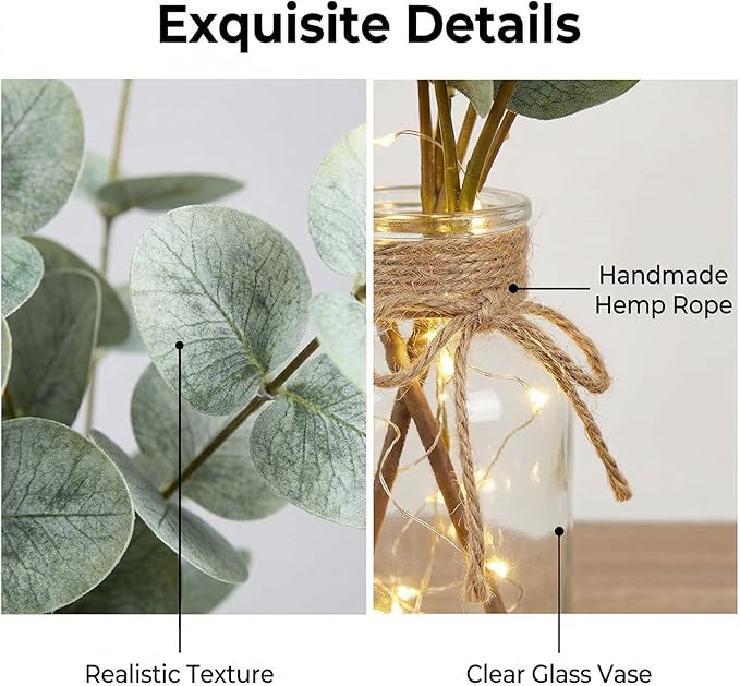 Bessol Artificial Eucalyptus Stems in Glass Vase with Faux Water, 13.5" Fake Plants for Home Decor, Coffee Table Centerpieces, Office, Bathroom & Farmhouse Weddings - Faux Greenery Plants Decorations