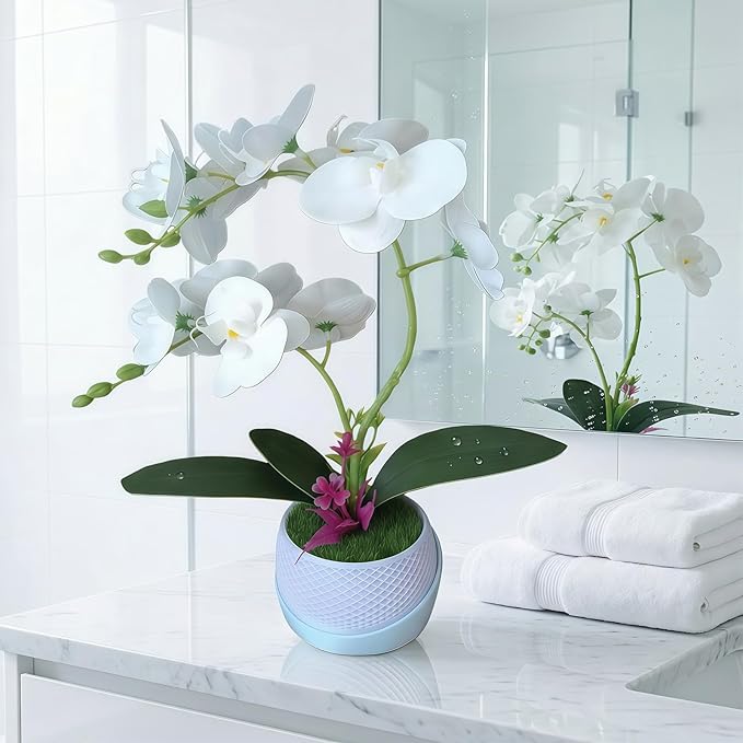 Artificial Orchid with 3D Printed Vase, Lifelike Fake Phalaenopsis Silk Flowers for Home Decor Living Room, Realistic Faux Orchids for Table Centerpiece(White)