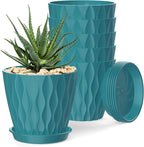 4 Inch Plant Pots, 6 Pack Indoor Flower Pots, Planters with Drainage Holes and Trays for Orchids, Violets, Succulents, Herbs, and Other Plants,Blue-Green