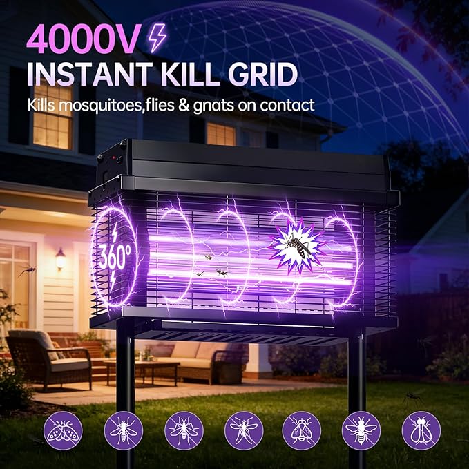 Solar Bug Zapper Outdoor, Purple UV Mosquito Zapper with Smart Rain Off Rechargeable Mosquito Killer Lamp, Wireless Solar Powered Fly Trap for Yard Patio RV (Black)
