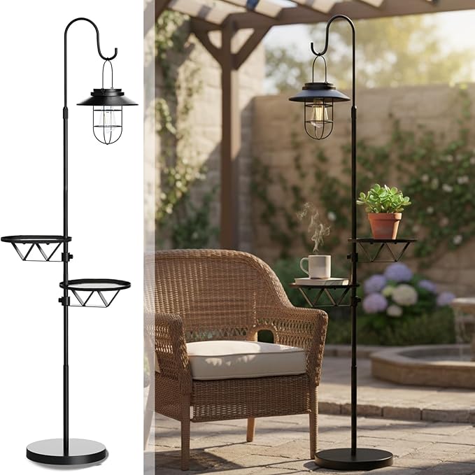 Kirschblüte Solar Floor Lamp with Table, 60" Outdoor Shepherd Hook with Solar Lantern, Waterproof Metal Side Table for Patio, Heavy Duty Solar Pole Light for Garden, Deck, Porch and Backyard Decor