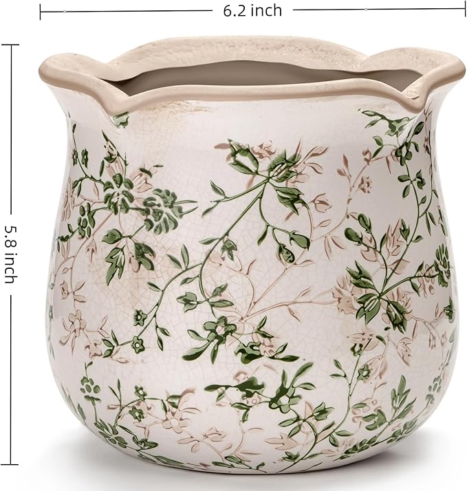 Vintage Ceramic Planter Pot with Drainage Holes, Green Floral Design, 6.11 Inch, Distressed Tuscan Style, Indoor Plant Pot and Vase (Sage Beige)