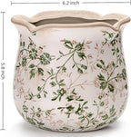 Vintage Ceramic Planter Pot with Drainage Holes, Green Floral Design, 6.11 Inch, Distressed Tuscan Style, Indoor Plant Pot and Vase (Sage Beige)