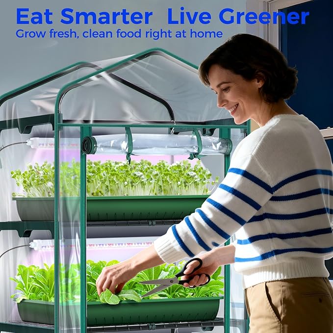 Indoor Greenhouse with Grow Light, Ohuhu 4-Tier Mini Green House for Winter - Full Spectrum Greenhouses for Seed Starting Small Portable Green Houses Waterproof PVC Cover & Adjustable Shelves