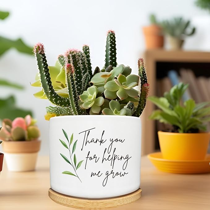 Thank You for Helping Me Grow Succulent Cactus Planter Pots with Bamboo Tray, Office Kitchen Home Windowsill Indoor Tabletop Decor, Gift for Friends Mom Teachers Plant Lovers