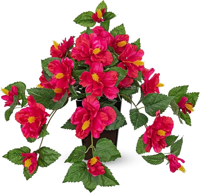 Briful Artificial Hanging Hibiscus Flowers Potted Plant – Faux Tropical Hibiscus with Silk Petals & Lush Leaves – Black Square Pot – Hot Pink Fake Flower for Indoor Outdoor Porch Patio Decor