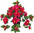Briful Artificial Hanging Hibiscus Flowers Potted Plant – Faux Tropical Hibiscus with Silk Petals & Lush Leaves – Black Square Pot – Hot Pink Fake Flower for Indoor Outdoor Porch Patio Decor
