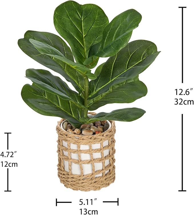 Briful Fake Plants Potted Plant Artificial Realistic Houseplant in White Ceramic Vase Wrapped Woven Pot, Fiddle Leaf Fig Faux Plant Indoor for Home Farmhouse Wedding Tabletop Shelf Decor