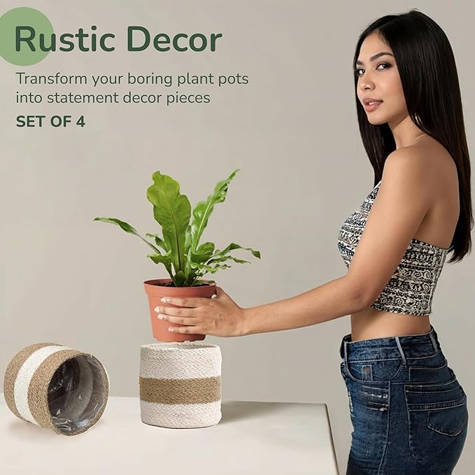 Jute Planter Basket Sustainable Woven Rope Covers for Decorating Indoor/Outdoor Plants Pots 6.5x6.5x6 Inches Ideal Size for 6" Planter-Multi-Purpose Storage Set of 4 White & Natural Jute