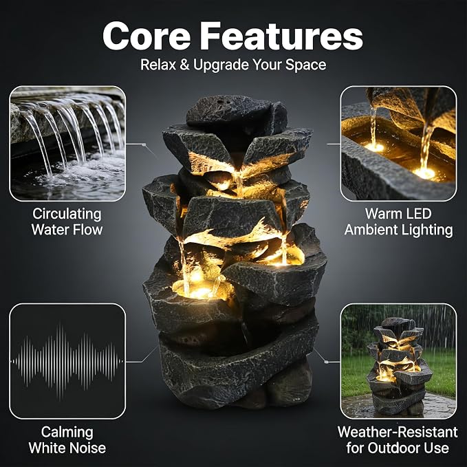 TOLATR 4-Tier Natural Rock Tabletop Waterfall Fountain - Indoor Outdoor Resin Water Fountain with LED Lights, 11.42" L x 8.27" W x 18.31" H for Garden, Patio, Home, Office, Porch Landscaping