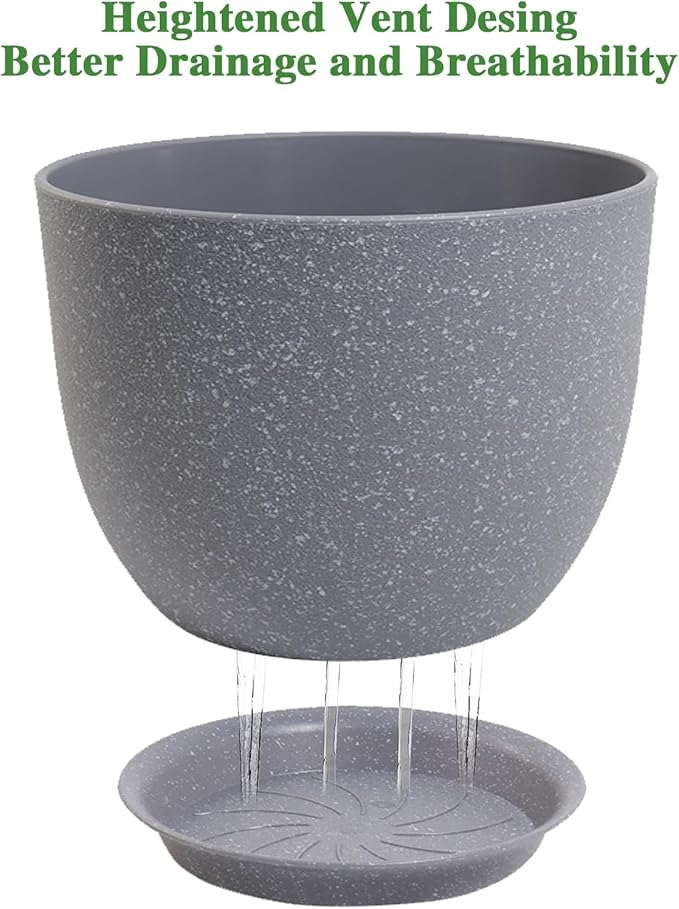 UOUZ 12/10/9 Large Modern Plant Pots, Plastic Planters with Drainage Holes and Saucers for Indoor Outdoor Plants Flowers, Grey Speckles