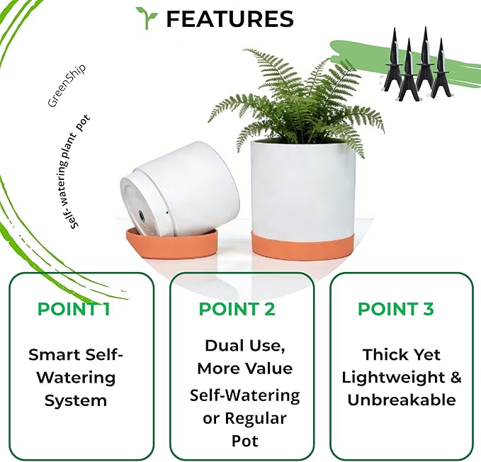 GreenShip 2pcs Plant pots, self Watering pots for Indoor Plants (White+Terracotta, 15.7in+13.7in)