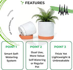 GreenShip Planter Set of 2 (10.3'' & 8.3'') – Dual-Use Self-Watering or Traditional Indoor Cylinder Flower Pots with Saucers & Side Drainage – Durable Lightweight Clay & Resin Blend (W/T)