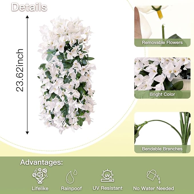 Artificial Flowers for Outdoors Fake White Bougainvillea Hanging Flower Decoration, 2Pcs Realistic Faux Silk Plants Long Trailing Vines, Spring Decor for Porch Patio Balcony Planter Yard