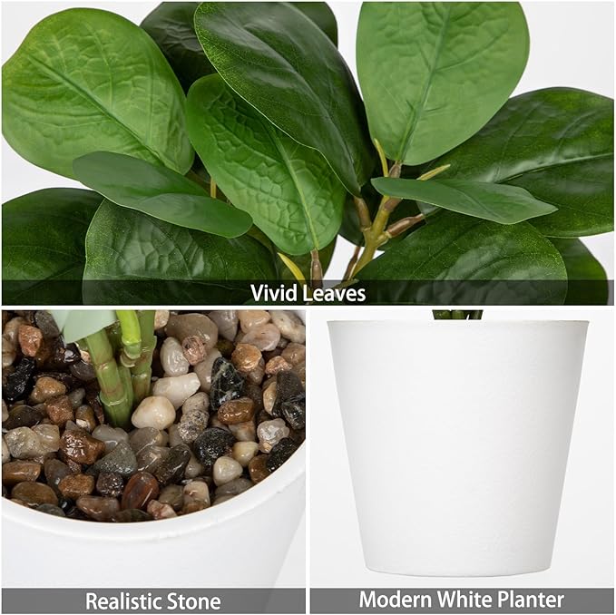 GnFlus Artificial Plants Set of 2 Fake Fiddle Leaf Fig with White Pots Faux Potted Plants for Home Office Garden Indoor Outdoor Desk Decoration Green