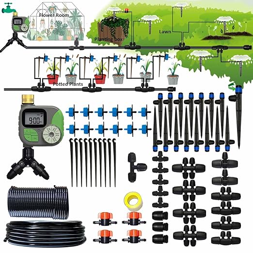 Drip Irrigation System with Water Timer Auto Watering System for Garden 5/16“ID and 1/4 Inch Pipe 162ft Adjustable Spray Kit, for Greenhouse, Garden, Lawn, and for Potted Plants