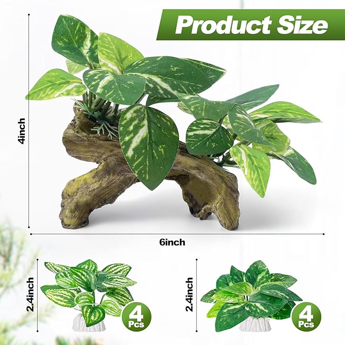 CousDUoBe 9 Pcs Fish Tank Decor，Silk Aquarium Plants Green Silk Leaf pad Hammock Artifical Driftwood cave Betta Fish Tank Accessories 6 x 3 x 4 inches(LxWxH)