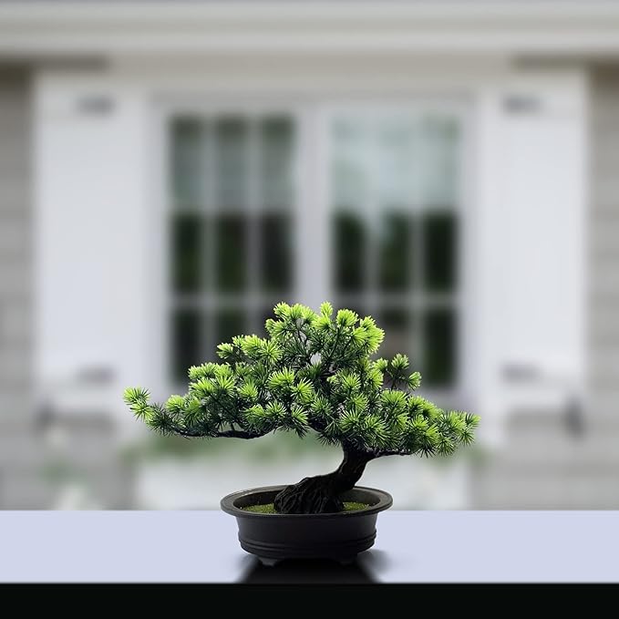 Artificial Bonsai Tree Fake Plants for Home Decor, Living Room Bathroom Bookshelf Entryway Table Wall Shelf Modern Farmhouse Decor, 9.5" Tall, Green