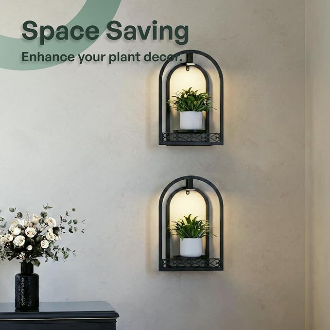 LED Grow Light Wall Hanging Planters with USB Power, Remote Control, Modern Decor for Indoor/Outdoor Plants, Living Room, Garden, Patio 2 Pack Black