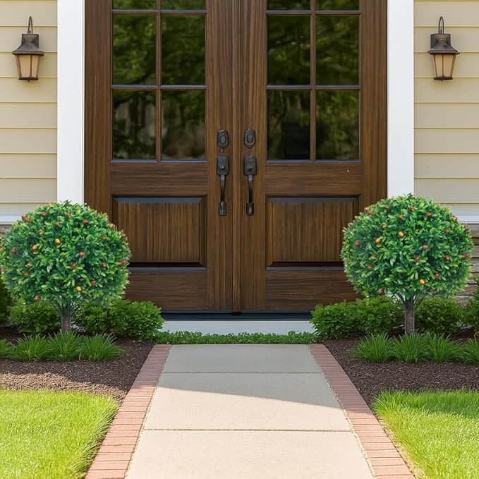 PATIO CHOICE Topiary Trees Artificial Outdoor Boxwood Ball Trees with Ground Spike Set of 2 22" Fake Outdoor Plants Faux Bushes and Shrubs Decorations for Outdoor Indoor Front Porch Garden