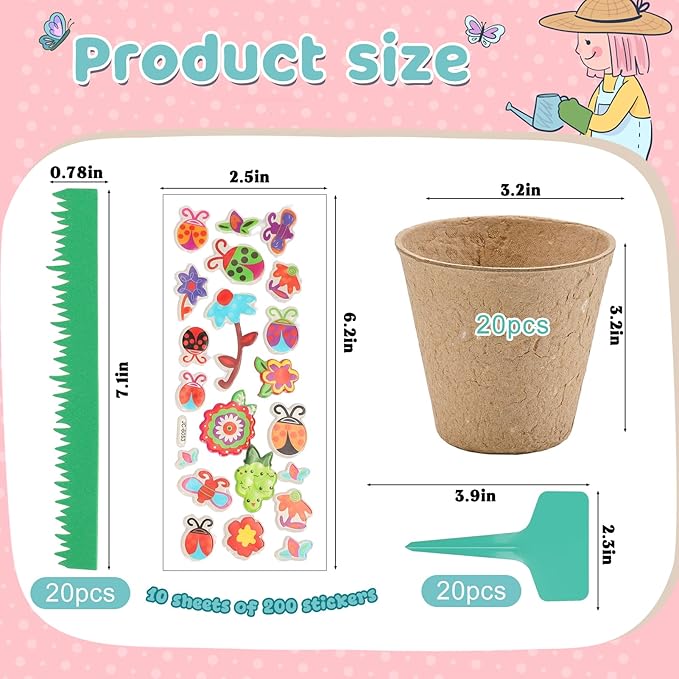 NNG 20 Set Garden Paper Pot Craft Kit,20Pcs Round Paper Mache Pots Peat Plant Pots with 200pcs Adhesive Foam Stickers & 20Pcs Pots Labels,Flower Plant Spring Craft for DIY Flower Planting