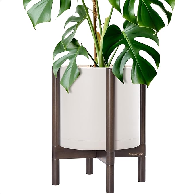 D'vine Dev Planter Pot with Stand - 12 Inch Plastic Cylinder Flower Pot with Wood Planter Holder for Indoor, Oatmeal Pot + Walnut Color Stand, 55-C-O-4