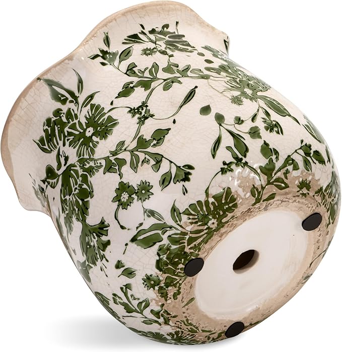 Vintage Ceramic Planter Pot with Drainage Holes, Green Floral Design, 6.11 Inch, Distressed Tuscan Style, Indoor Plant Pot and Vase (Green)