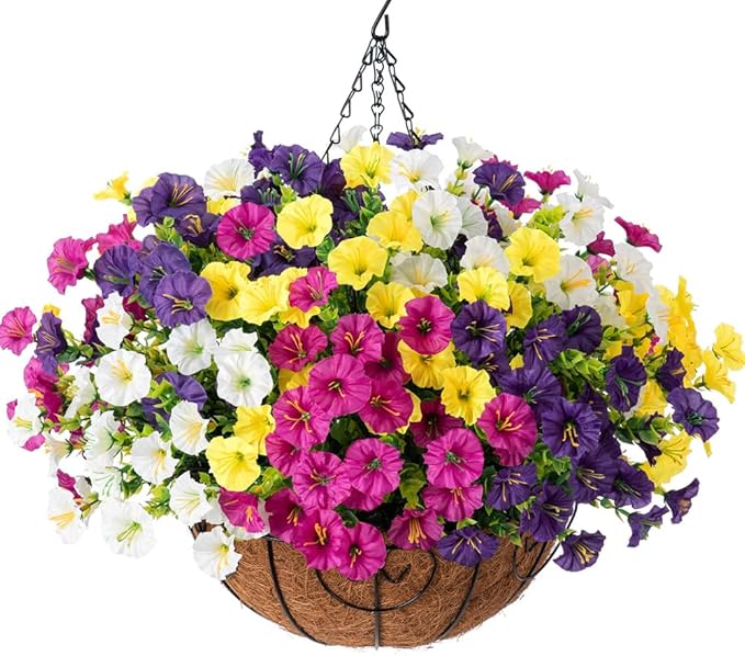 HyeFlora Artificial Hanging Flowers Faux Plants Basket for Outdoors Spring Decor, Fake Silk Morning Glory with Eucalyptus in Planter UV Resistant Outdoor Flowers for Outside Porch Patio Garden Home