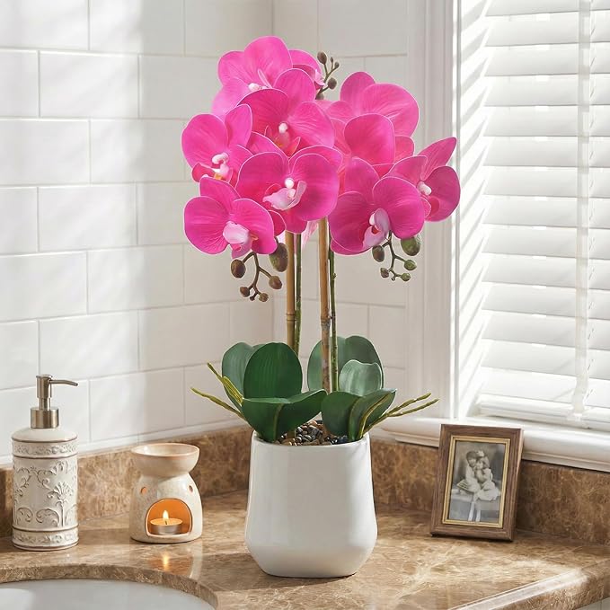 Orchids Artificial Plant in Ceramic Pot 18.5" Faux Orchid Phalaenopsis Flowers Arrangement for Home Office Table Centerpiece Indoor Decor, Fuchsia